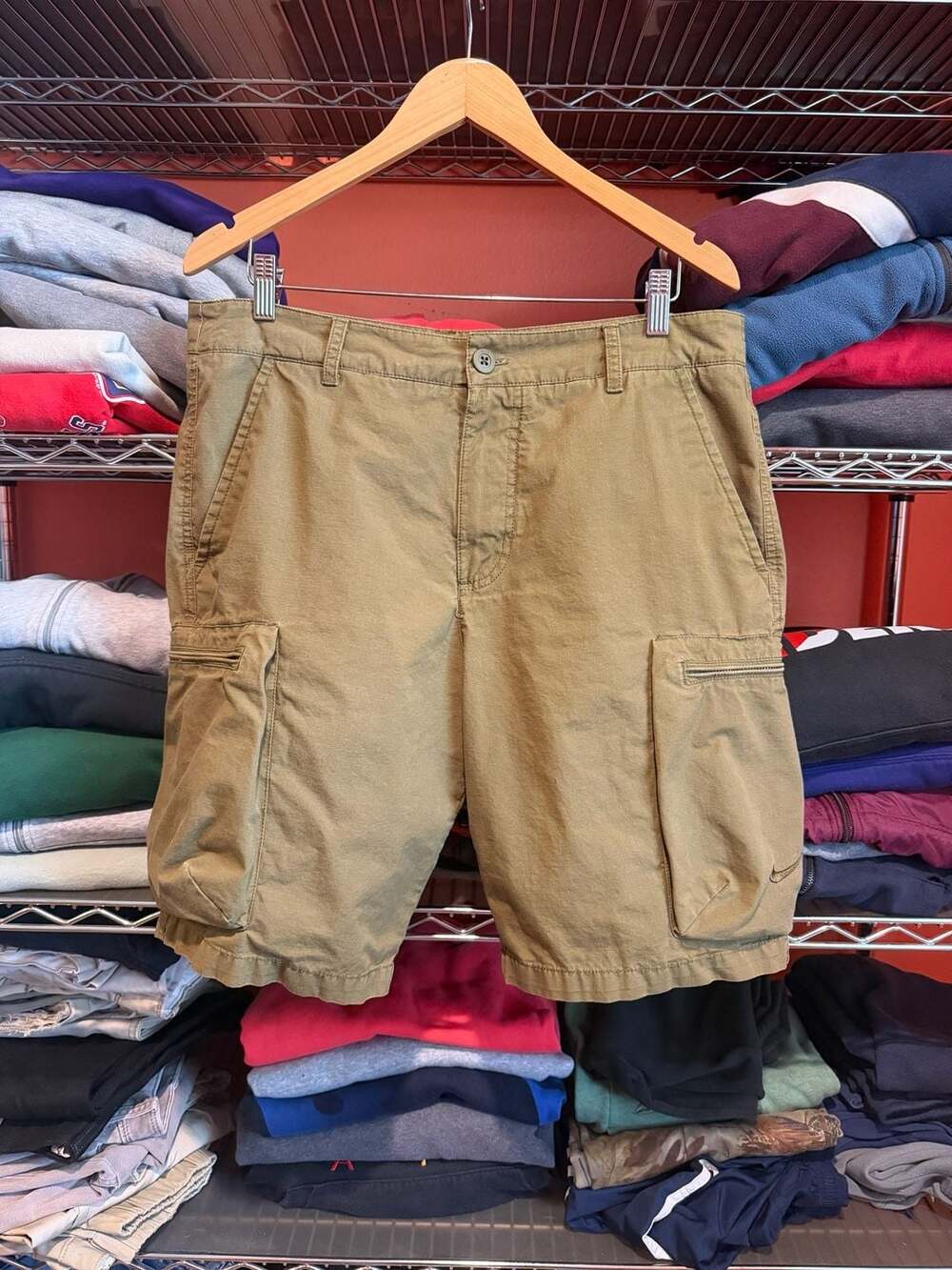 Y2K Nike Cargo Shorts Size 34 Olive Green Ripstop Cotton Pockets Swoosh